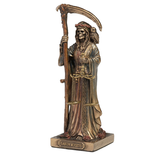 Santa Muerte Altar Statue with scythe - side view bronze finish