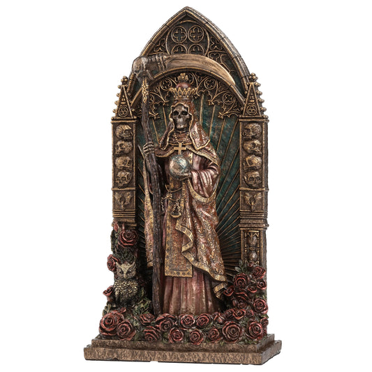 Santa Muerte Altar Statue with scythe - side view bronze finish