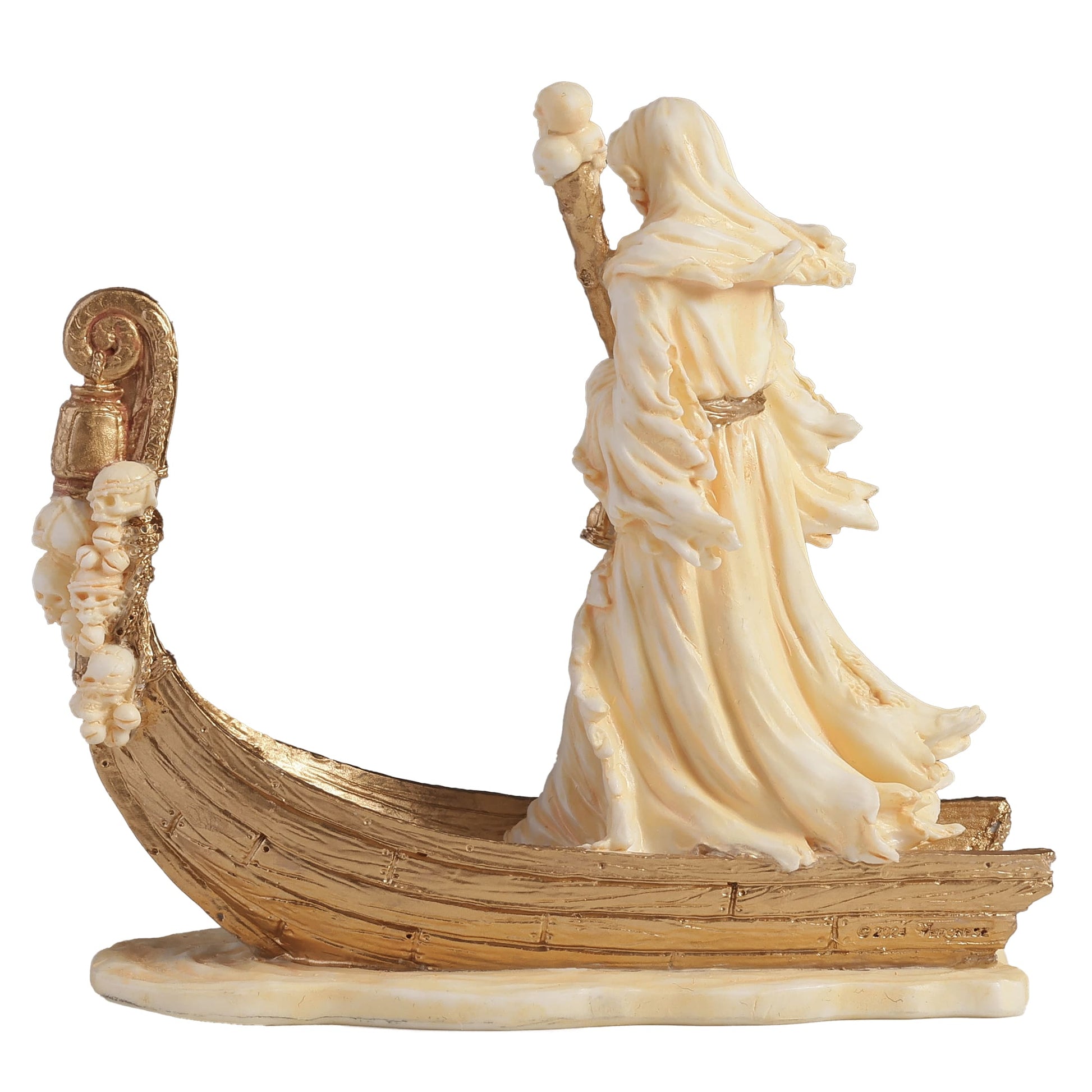 Charon Underworld Ferryman Statue white and gold resin - detail of base and robe