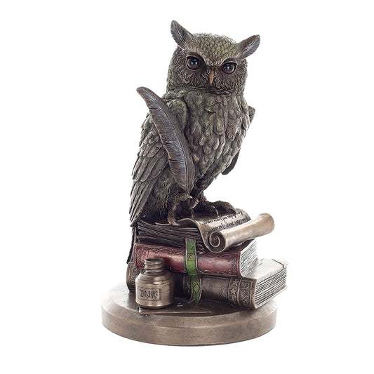 Wise Owl with Quill & Books Statue – 23cm Veronese Cold-Cast Bronze Scholarly Bird Figurine