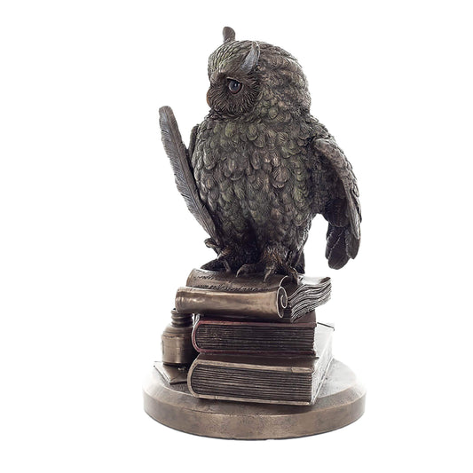 Wise Owl with Quill & Books Statue – 23cm Veronese Cold-Cast Bronze Scholarly Bird Figurine