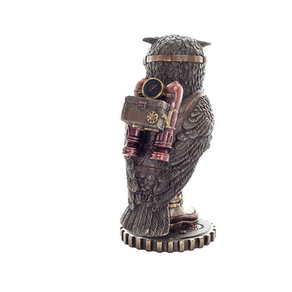 Steampunk Owl Bronze Statue rear angle showing feather texture