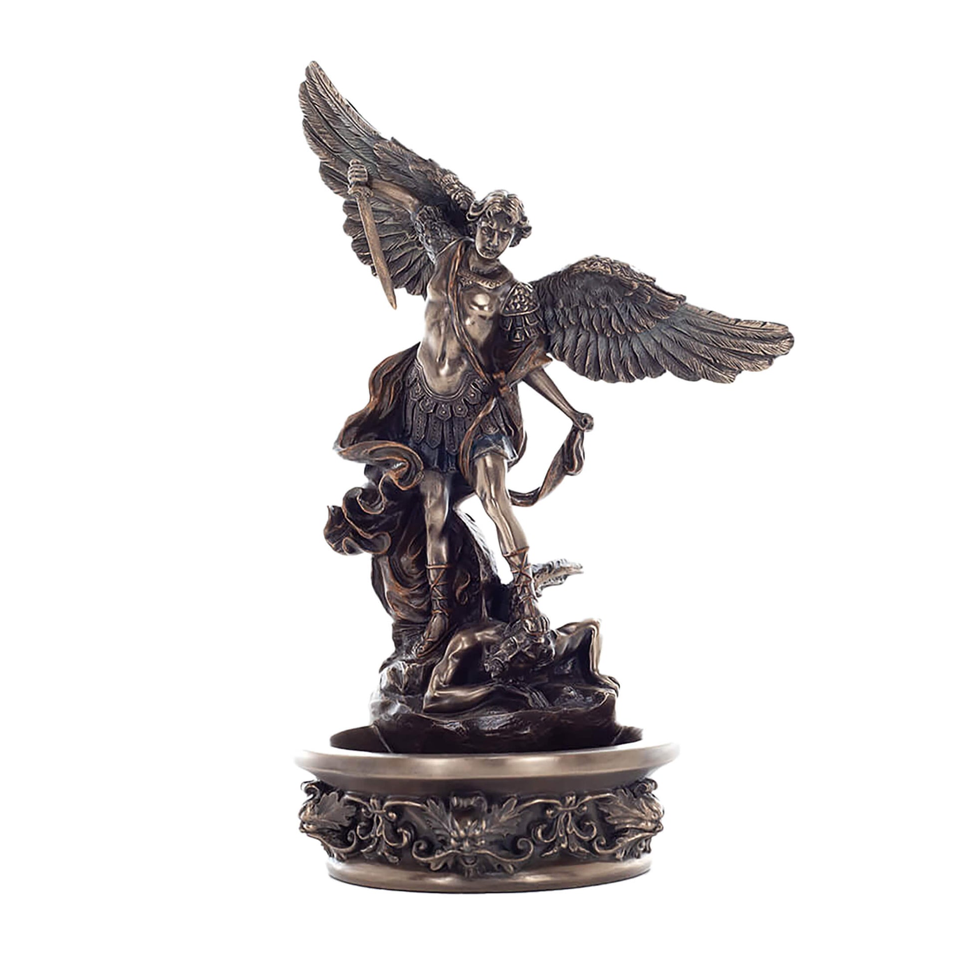 Saint Michael Bronze Holy Water Font front view, 21 cm