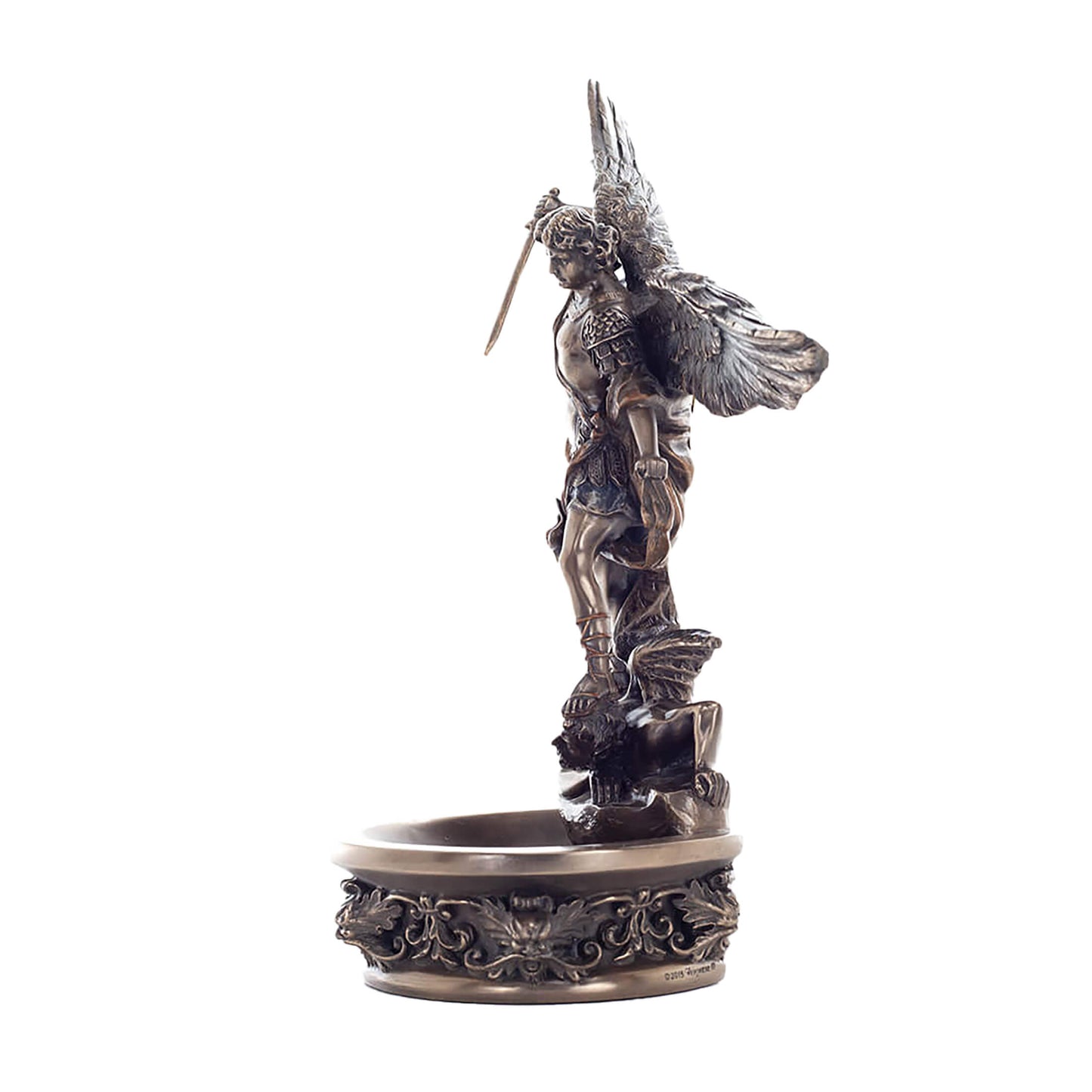 Saint Michael Bronze Holy Water Font side angle with wings and basin