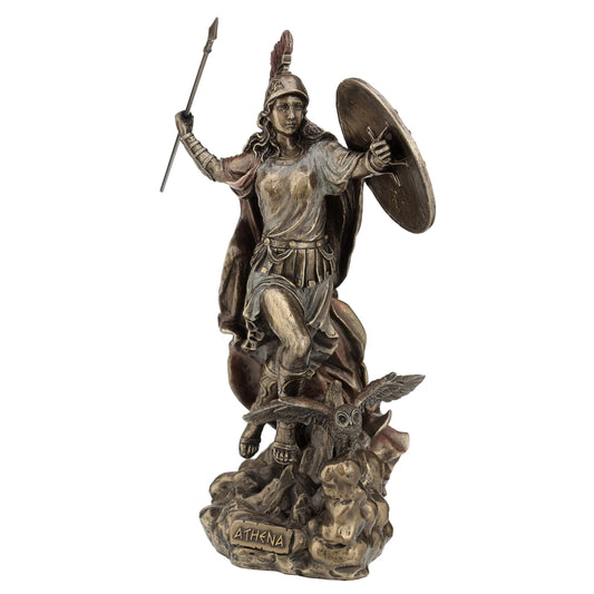 Athena Warrior Bronze Statue side angle with shield and helmet