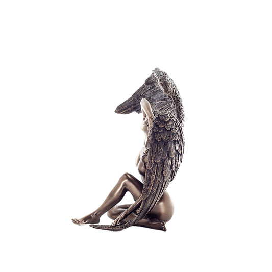 Fallen Angel Bronze Statue side angle with folded wings