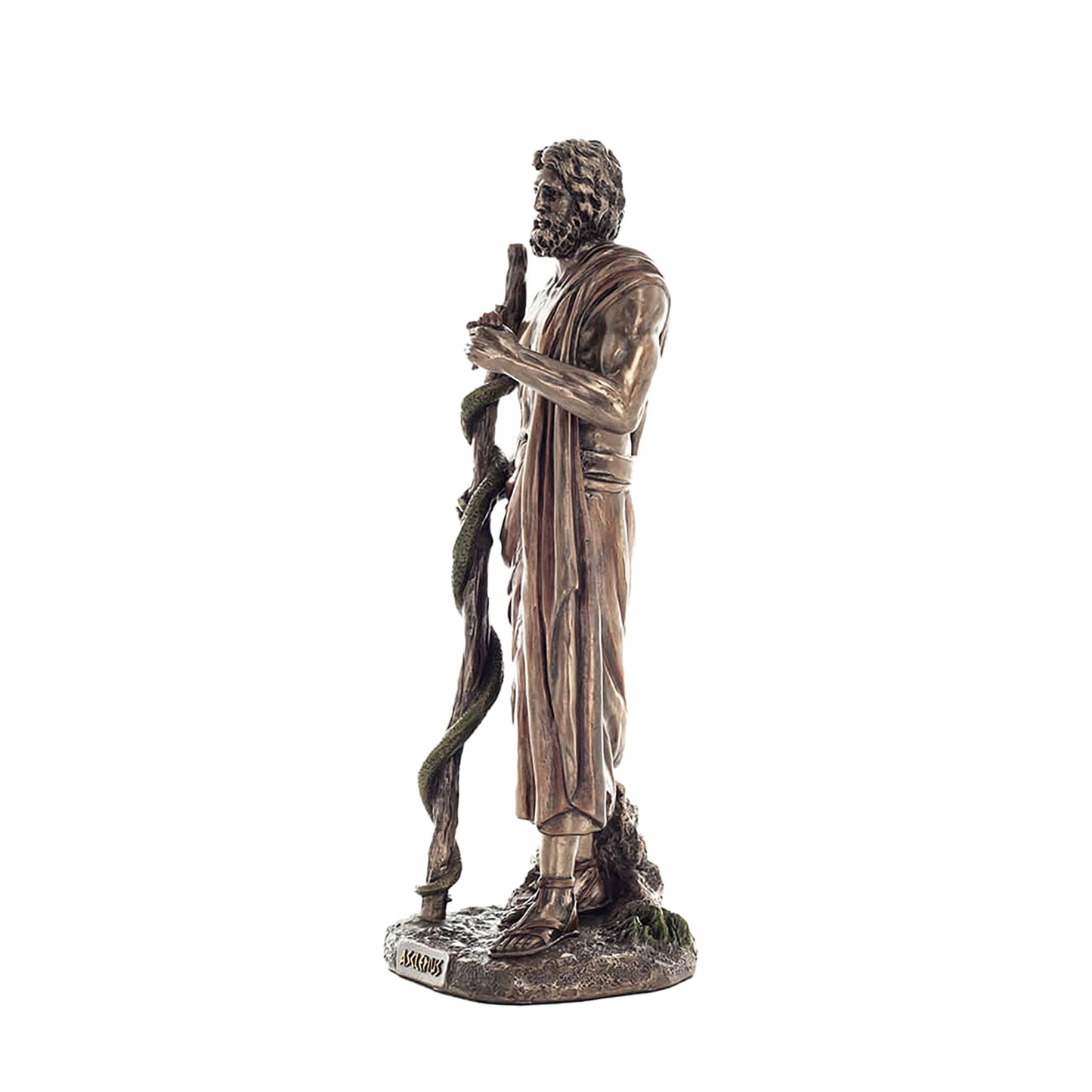 Asclepius Bronze Statue side angle showing drapery and staff