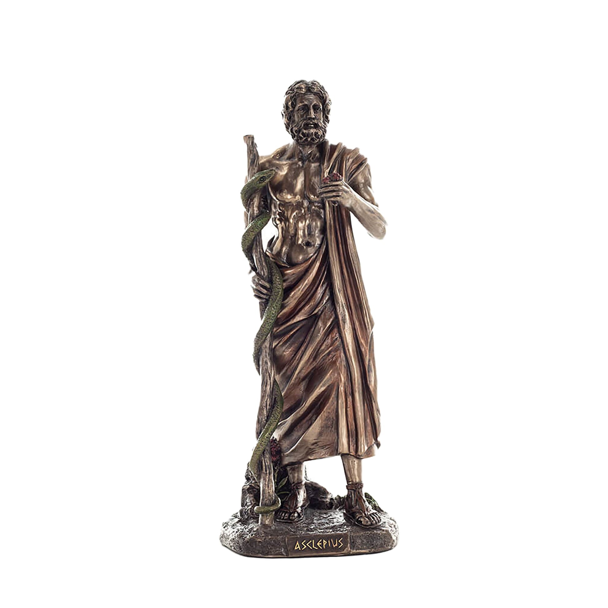 Asclepius Bronze Statue front view, 26 cm with serpent staff
