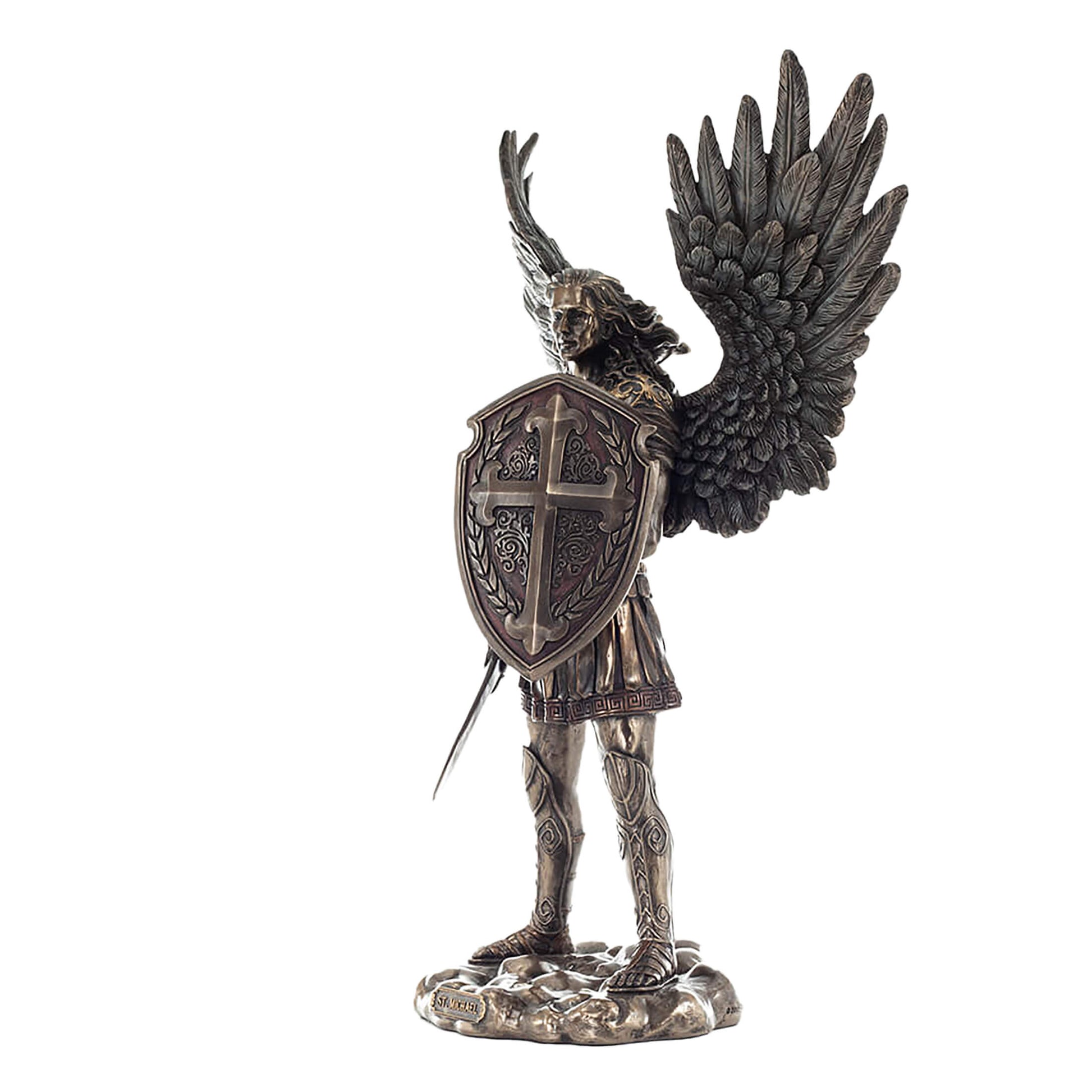 Archangel Saint Michael Bronze Statue side angle showing wings and sword