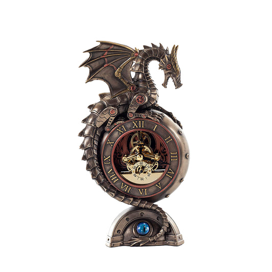 Steam punk Dragon Clock 23x13cm Fantasy Gothic Veronese Cold-Cast Bronze Table Clock