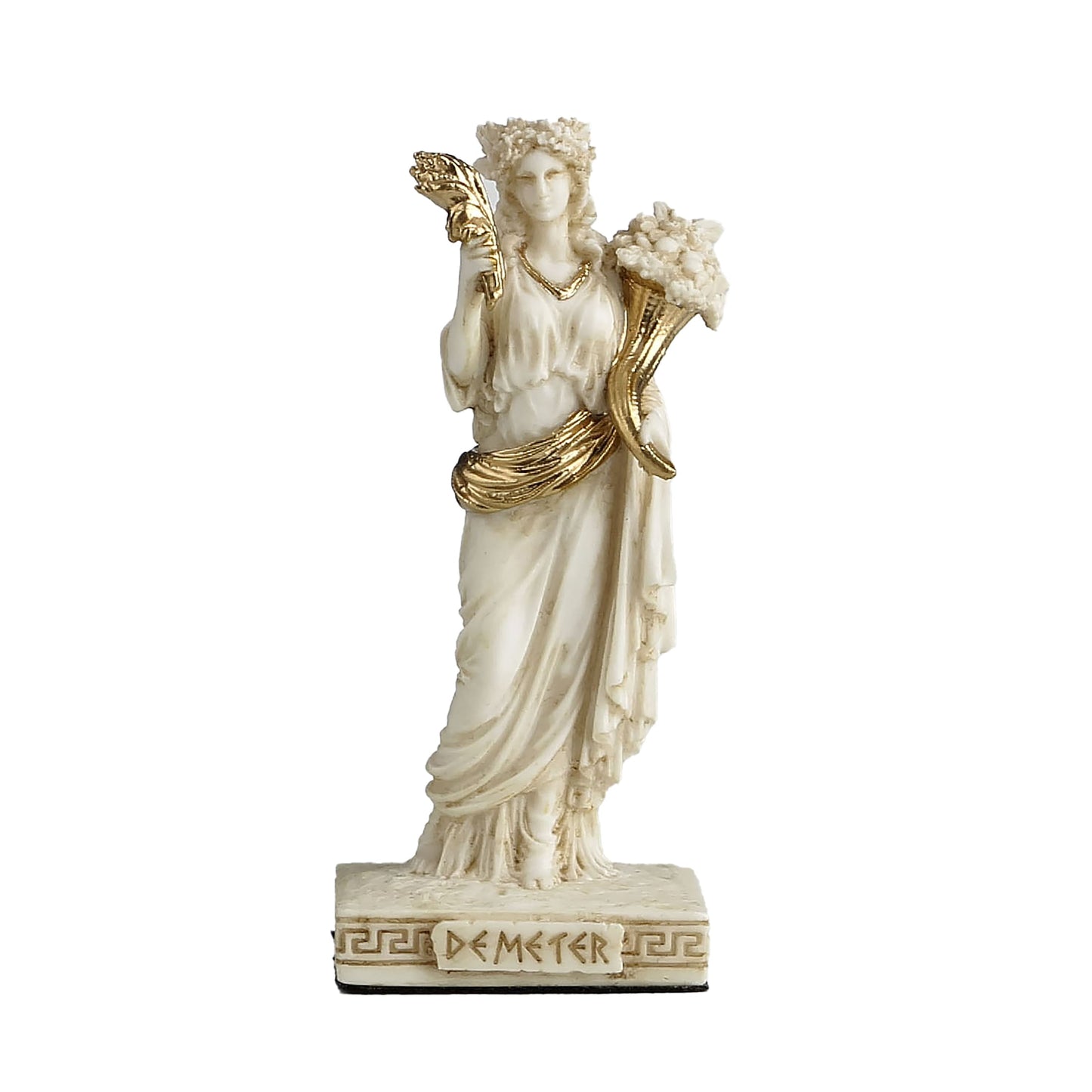 Demeter Resin Statue front view, 30 cm with gold accents
