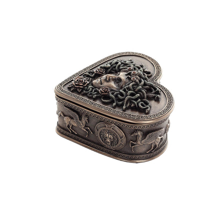 Medusa Heart-Shaped Jewelry Box – 11.5x7cm Veronese Cold-Cast Bronze Greek Mythology Trinket Box