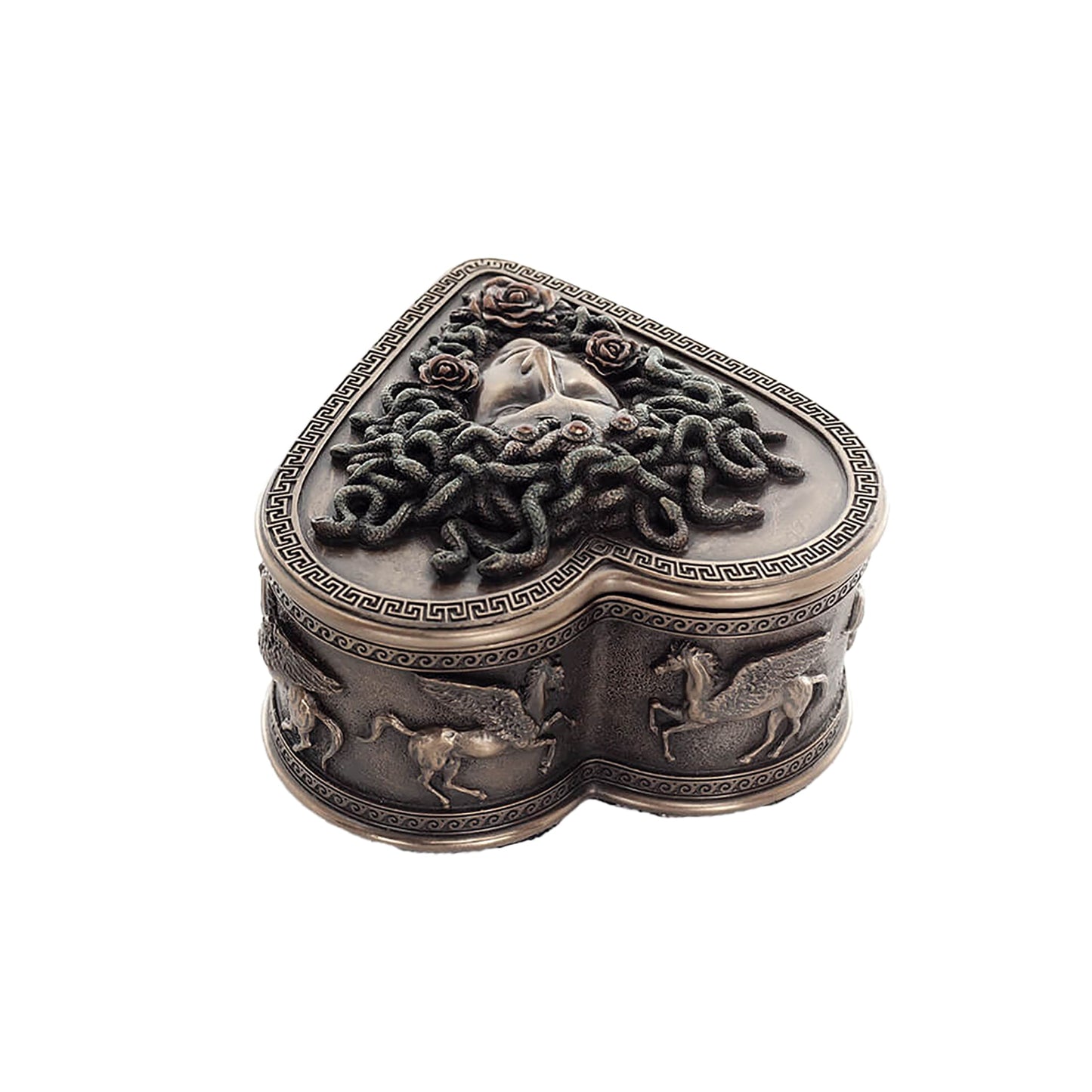 Medusa Heart-Shaped Jewelry Box – 11.5x7cm Veronese Cold-Cast Bronze Greek Mythology Trinket Box