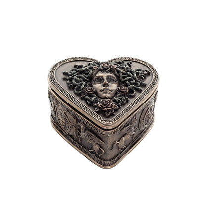 Medusa Heart-Shaped Jewelry Box – 11.5x7cm Veronese Cold-Cast Bronze Greek Mythology Trinket Box