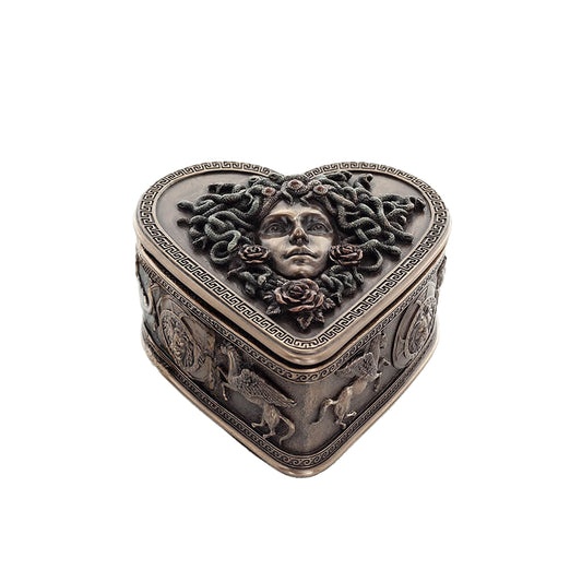 Medusa Heart-Shaped Jewelry Box – 11.5x7cm Veronese Cold-Cast Bronze Greek Mythology Trinket Box
