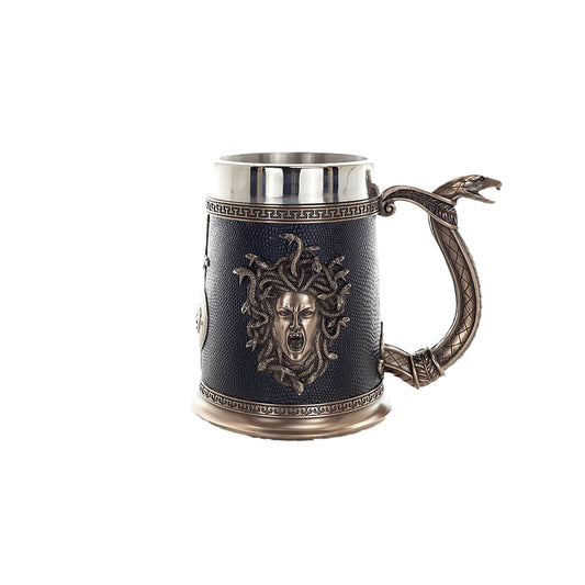 Medusa Tankard front view, cold-cast bronze Greek mythology mug, 17.7×14.5 cm