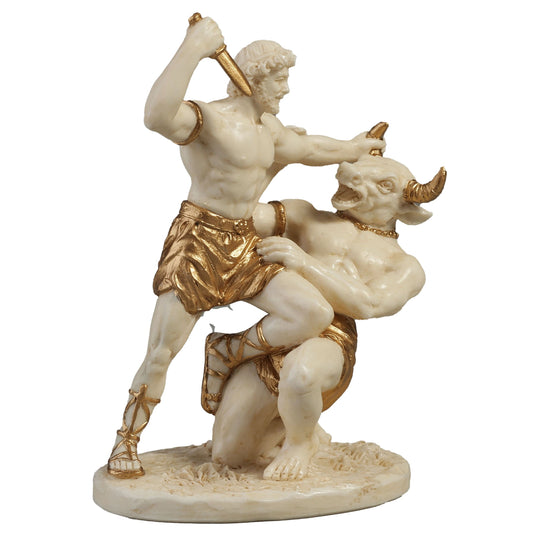 Theseus and Minotaur Statue – 10x8cm White & Gold Resin Greek Mythology Figurine – Veronese Design