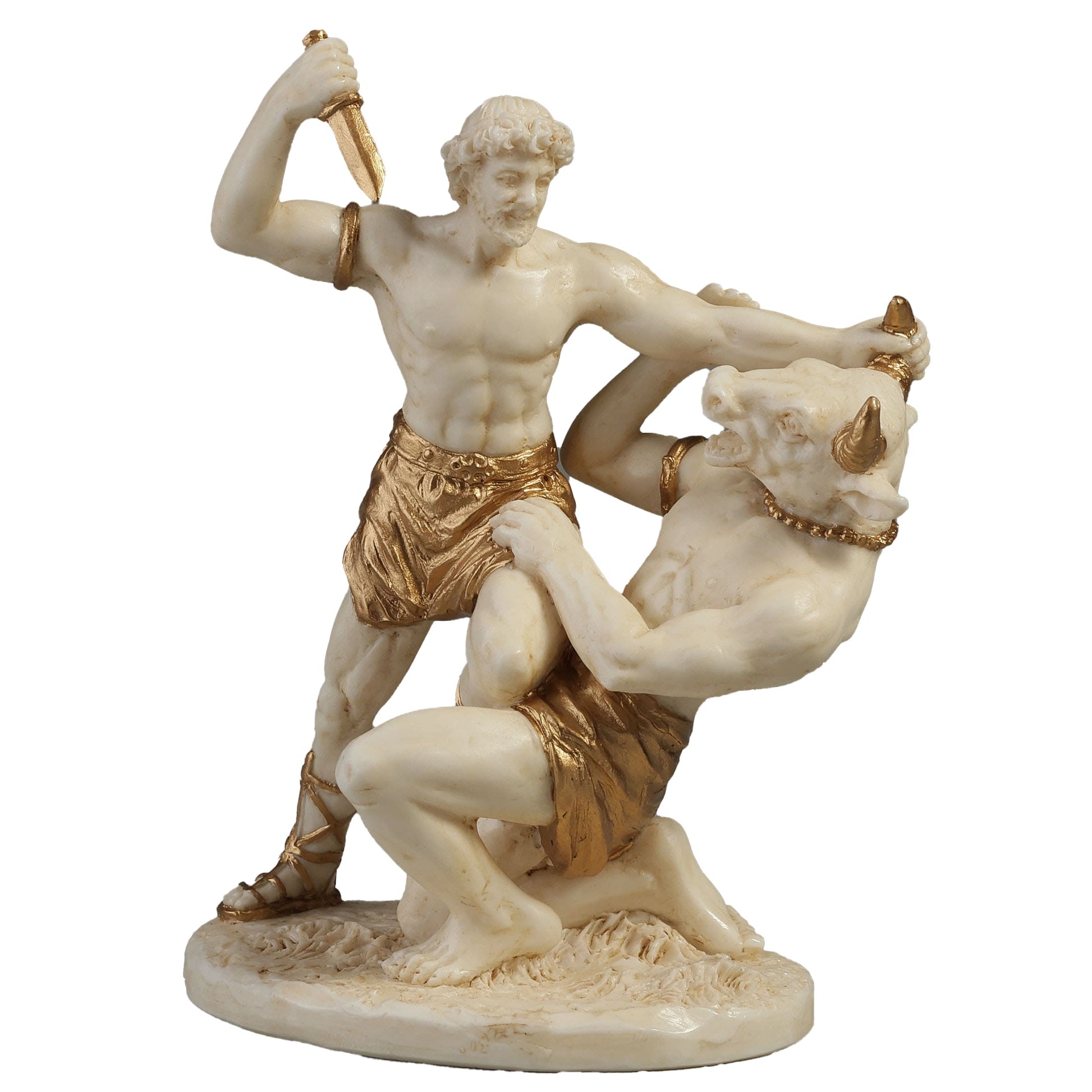 Theseus and Minotaur Statue – 10x8cm White & Gold Resin Greek Mythology Figurine – Veronese Design