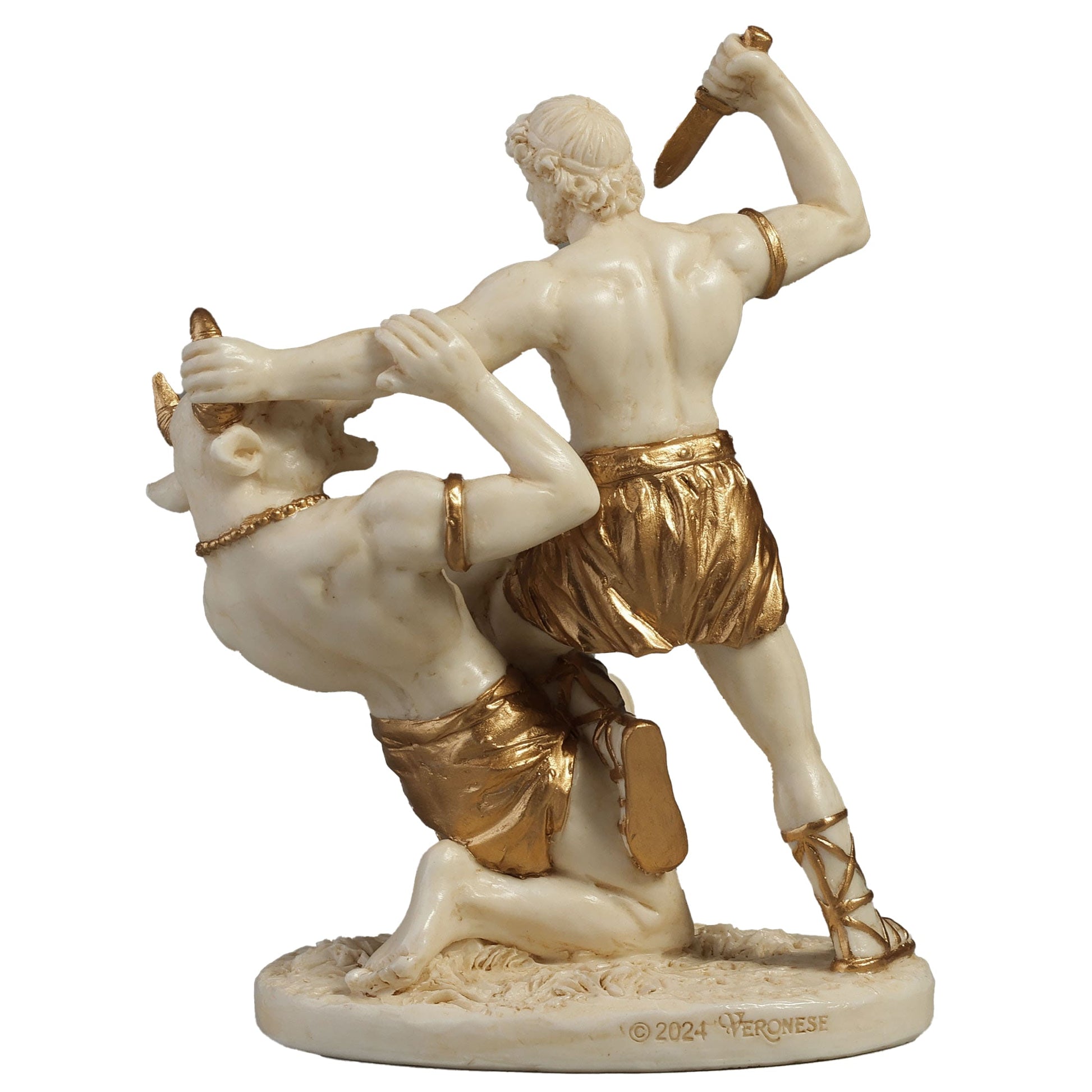 Theseus and Minotaur Statue – 10x8cm White & Gold Resin Greek Mythology Figurine – Veronese Design