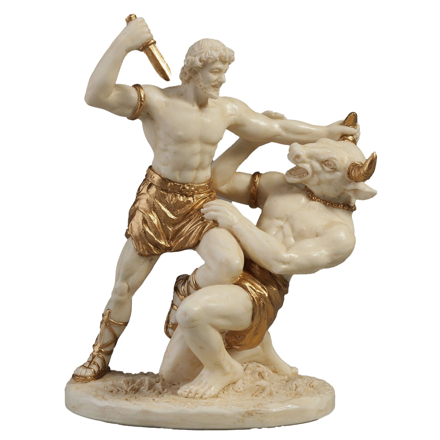 Theseus and Minotaur Statue – 10x8cm White & Gold Resin Greek Mythology Figurine – Veronese Design