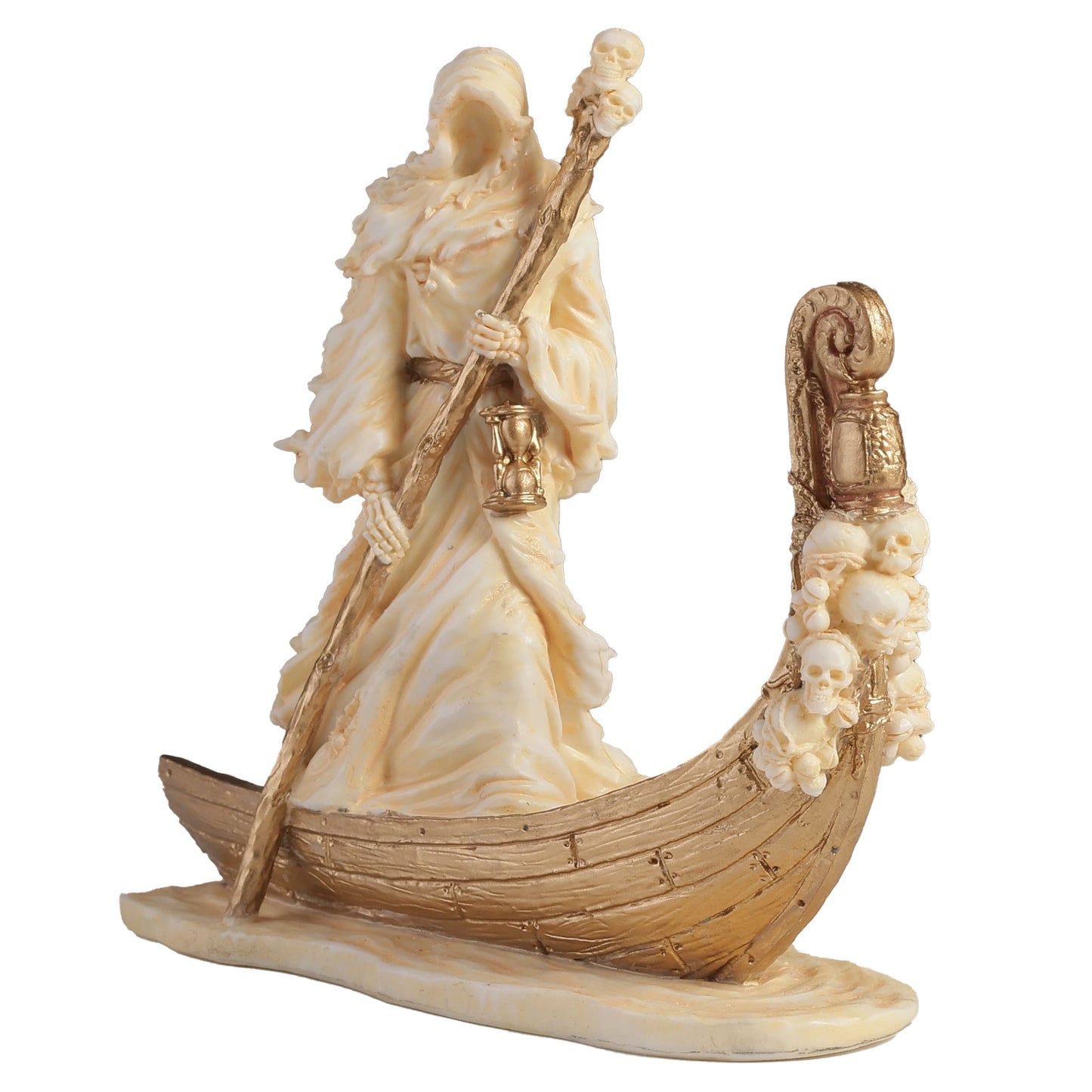 Charon Underworld Ferryman Statue white and gold resin - side view with boat and oar